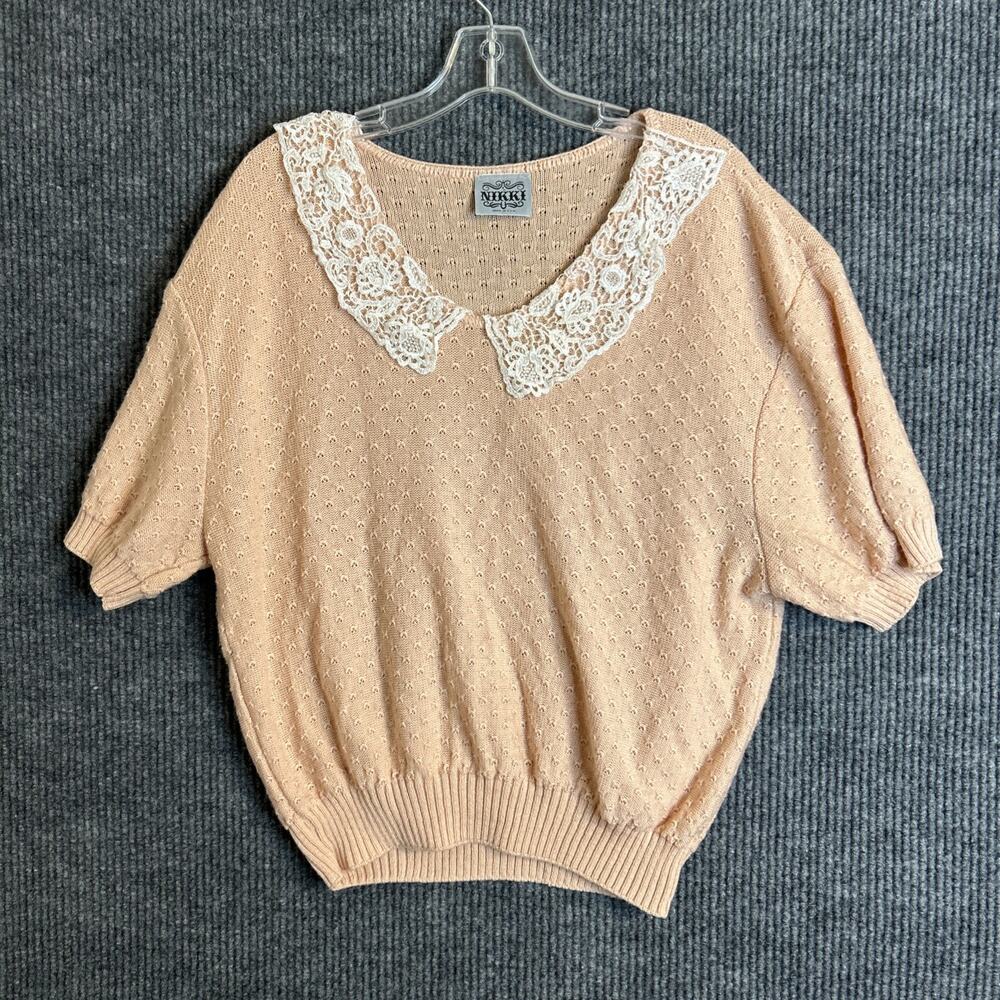 Vintage Nikki Women Short Sleeve Pullover Sweater Lace Collar Cottage Core Small